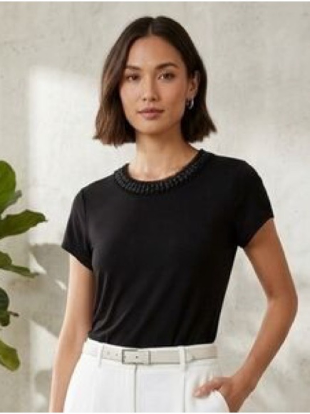 Ted Baker Black Short Sleeve Top with Beaded Neckline